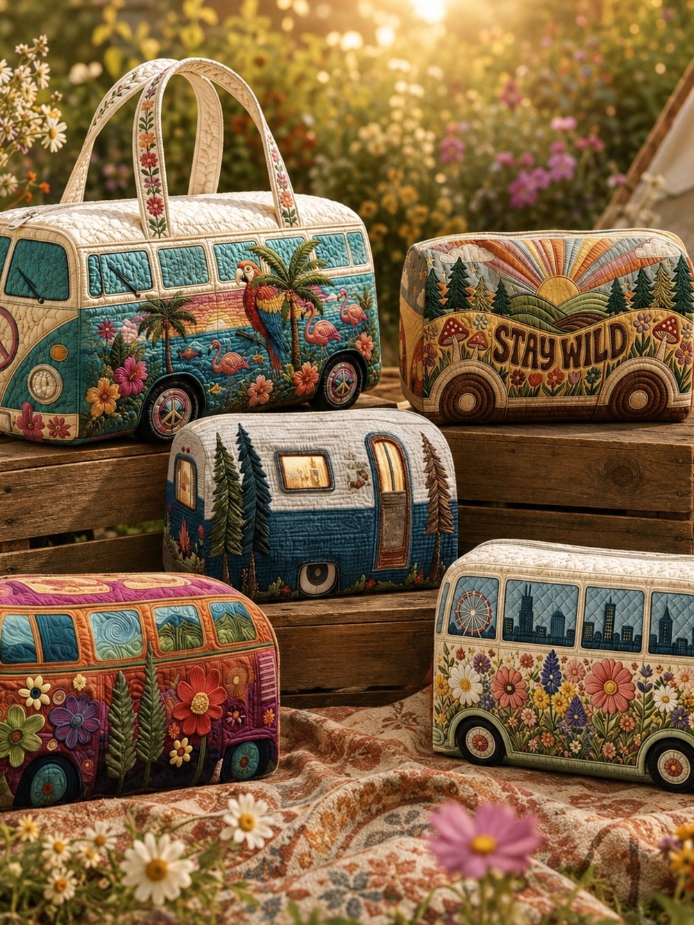 Floral Camper Van Quilted Cosmetic Bag - Cream & Multi - Picture 2 of 8